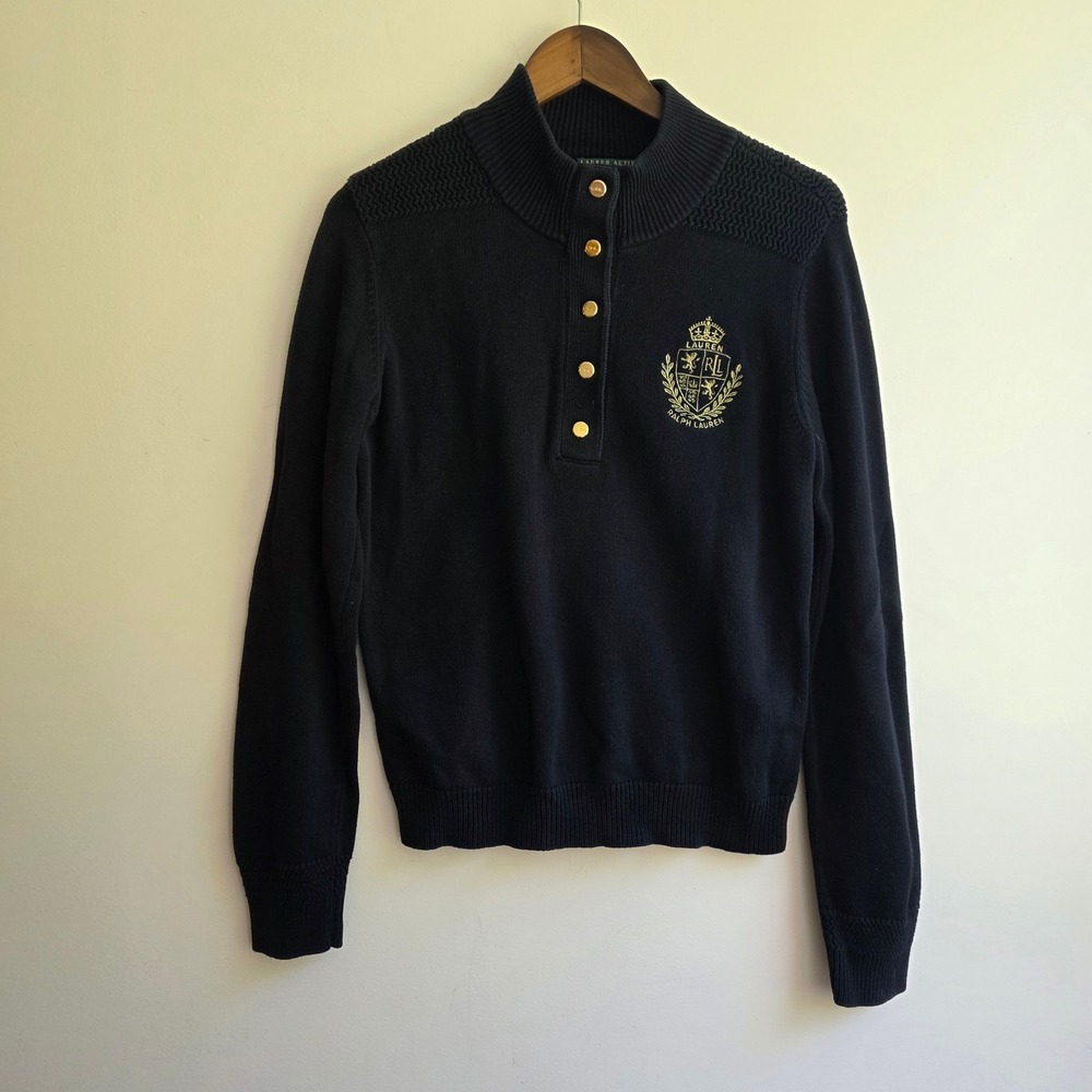 Lauren Active Ralph Lauren Black Crest Button Mock Neck Cotton Sweater Large